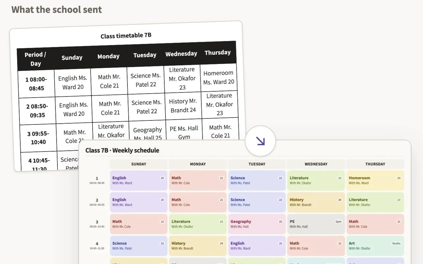Before and after: a dense black-and-white school timetable, and the same week as a clear colour-coded ClearClass schedule.