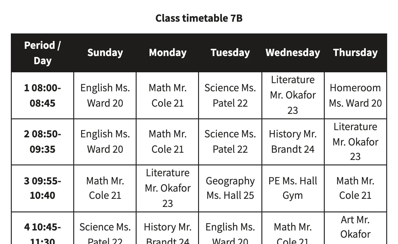A sample school timetable as a dense black-and-white table: each cell runs the subject, teacher and room number together.