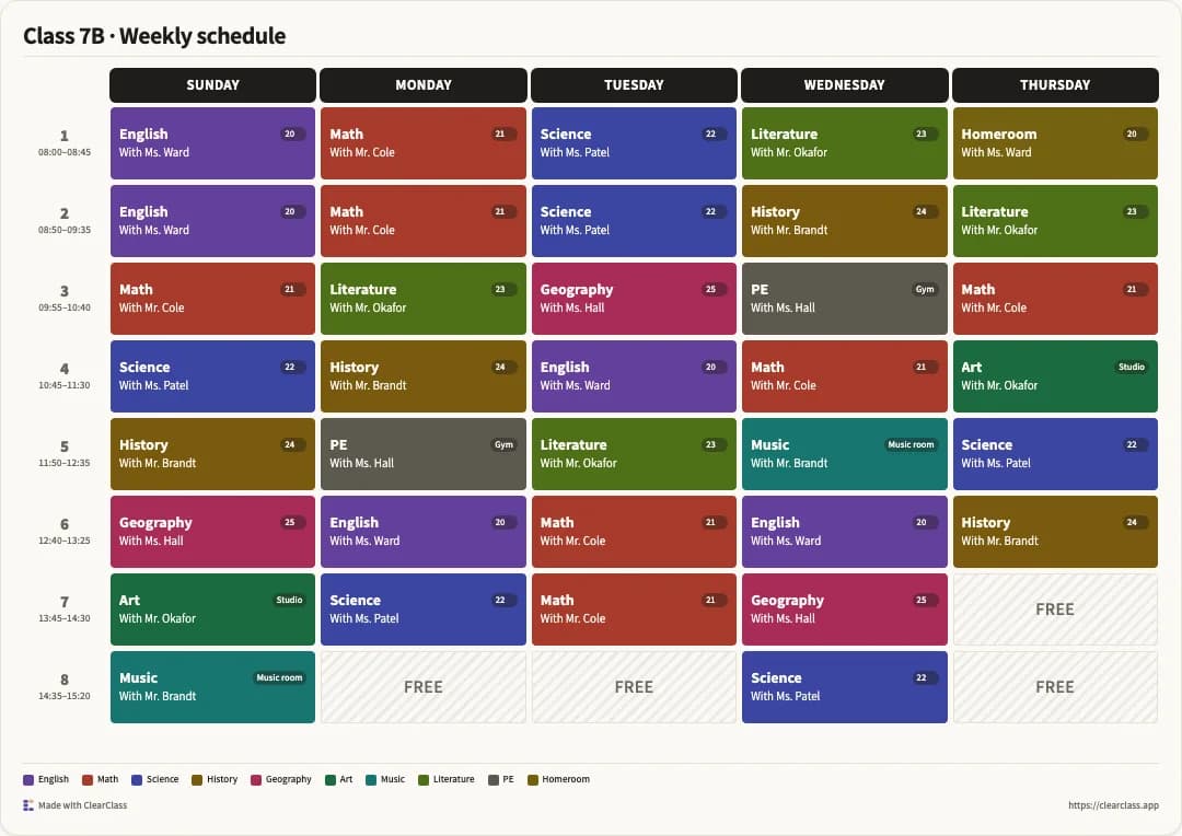 The same schedule in the Color Blocks style: solid colored lesson blocks.