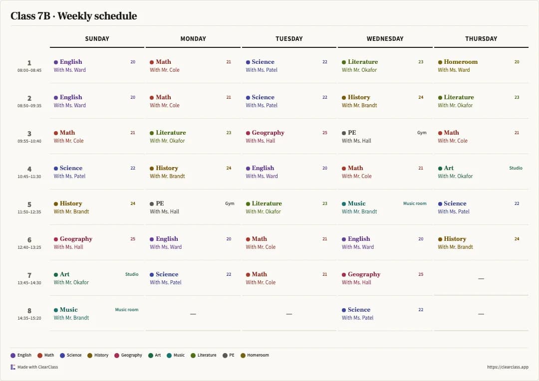 The same schedule in the Ledger style: a clean grid with a colored dot per subject and a subject legend.
