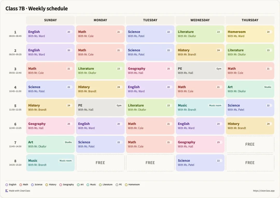 The same week as a ClearClass schedule in the Pastel Cards style: one colored card per lesson with teacher and room, on one page.