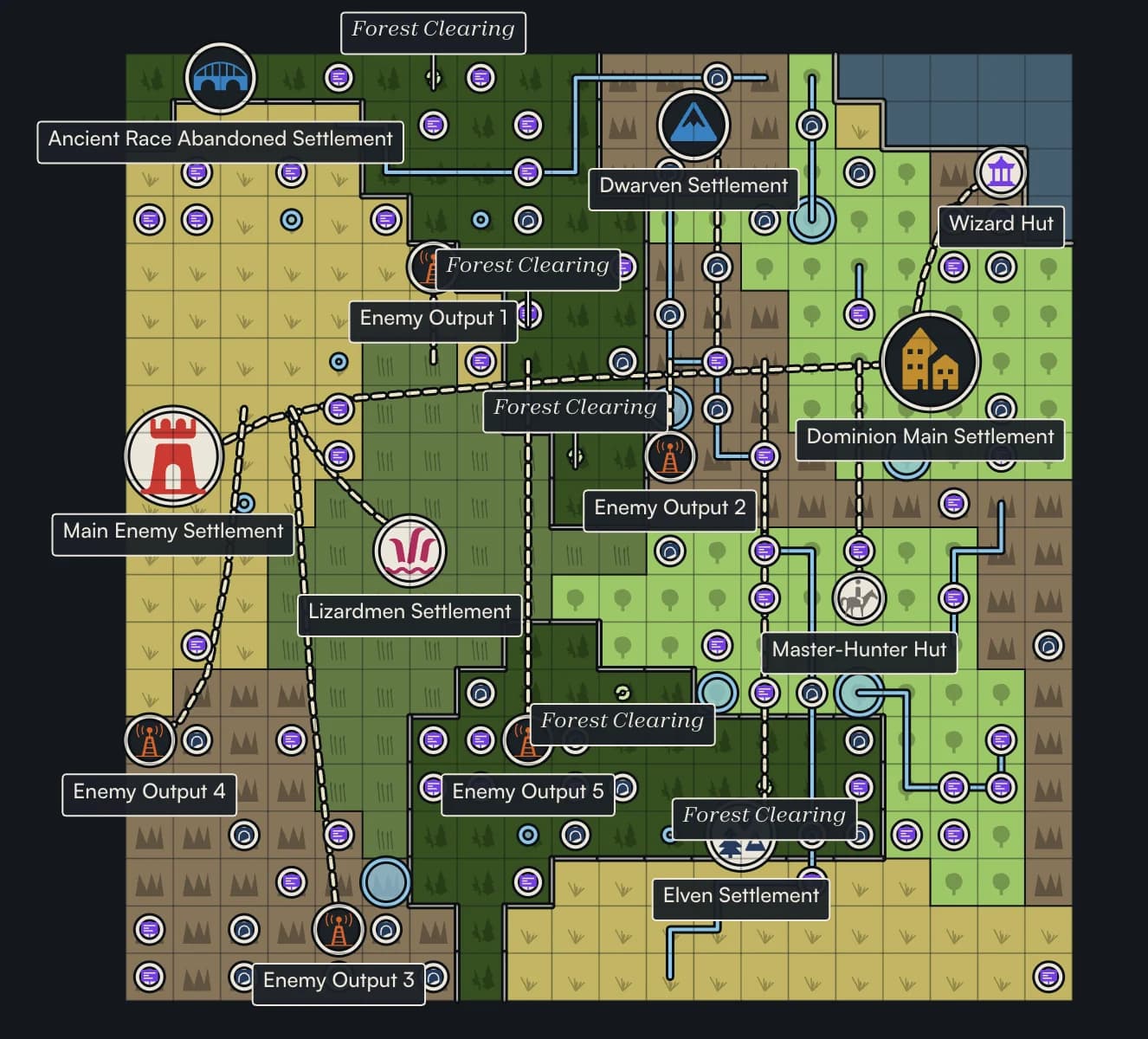 A generated CraftAWorld map blueprint: a grid of forest, plains, mountain and lake regions with labelled settlements, roads and rivers.