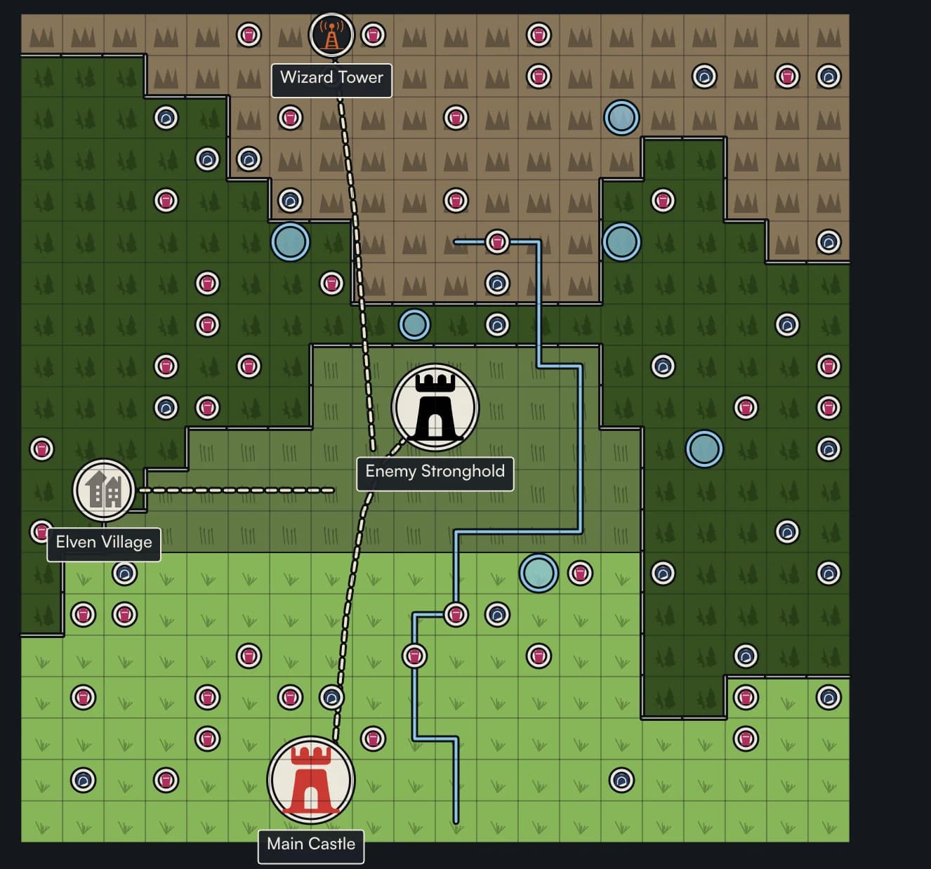 A smaller generated CraftAWorld blueprint: forest, grassland and mountain regions with a main castle, an elven village, an enemy stronghold and a wizard tower, connected by roads and rivers.