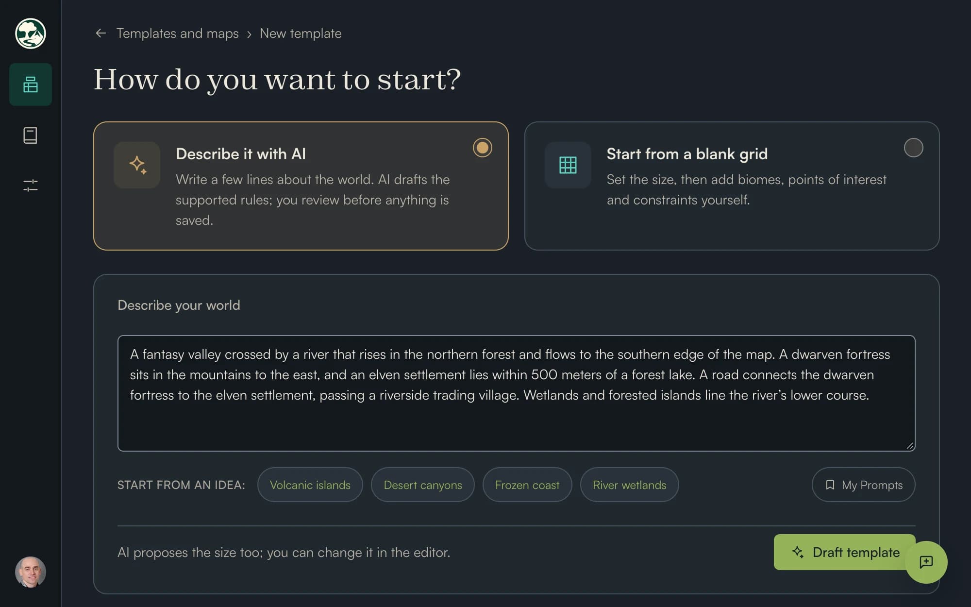 CraftAWorld's new-template screen with 'Describe it with AI' selected and a description of a fantasy valley: a river from the northern forest, a dwarven fortress in the eastern mountains, an elven settlement near a forest lake and a road between them.