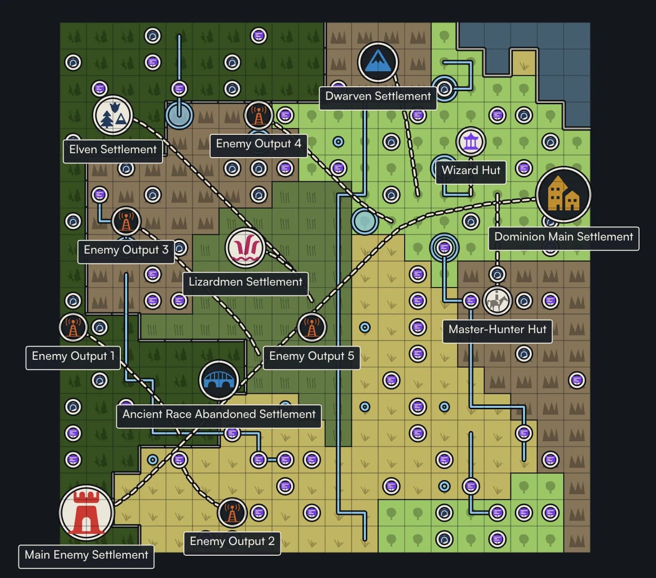 Map 2 generated from the Thorned Dominion template: forest, grassland, plains, mountain and lake regions with the same named settlements, huts and enemy outposts placed differently, connected by roads and rivers.