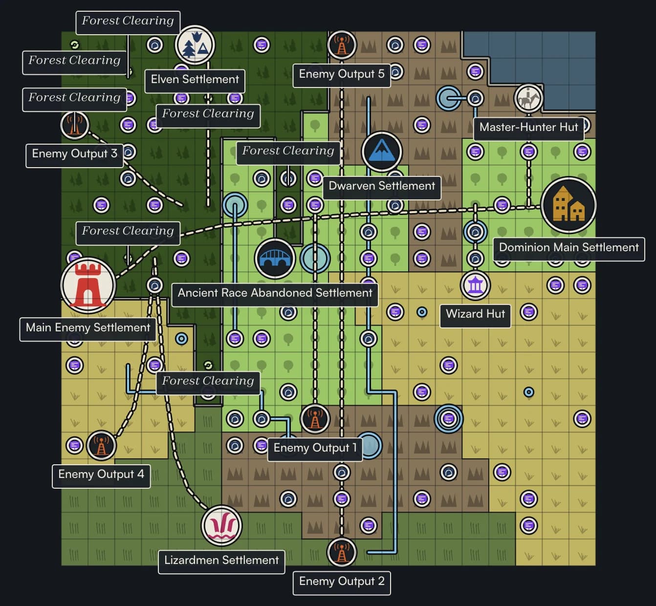 Map 3 generated from the Thorned Dominion template: forest, grassland, plains, mountain and lake regions with the same named settlements, huts and enemy outposts placed differently, connected by roads and rivers.