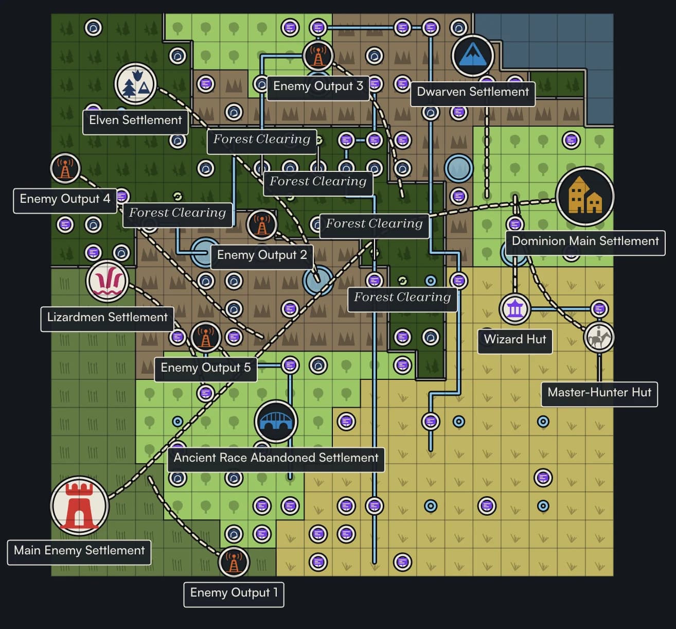 Map 4 generated from the Thorned Dominion template: forest, grassland, plains, mountain and lake regions with the same named settlements, huts and enemy outposts placed differently, connected by roads and rivers.