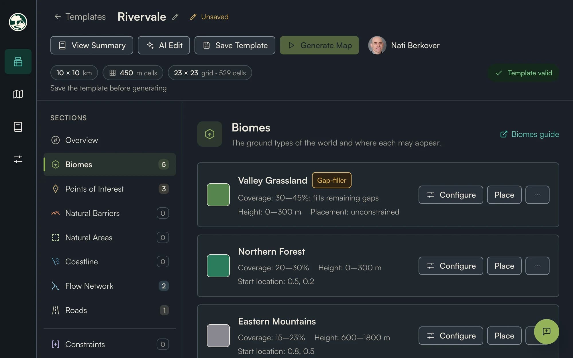 The generated Rivervale template in the CraftAWorld editor, marked Template valid, showing the Biomes section with coverage, height and start location for each biome, and a gap-filler biome.