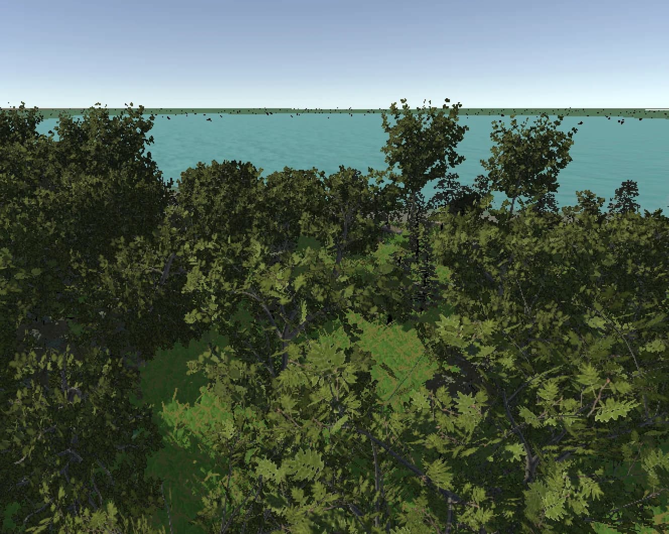 A first-person view inside a Unity prototype of a generated world: dense forest canopy in the foreground and a lake stretching to the horizon.