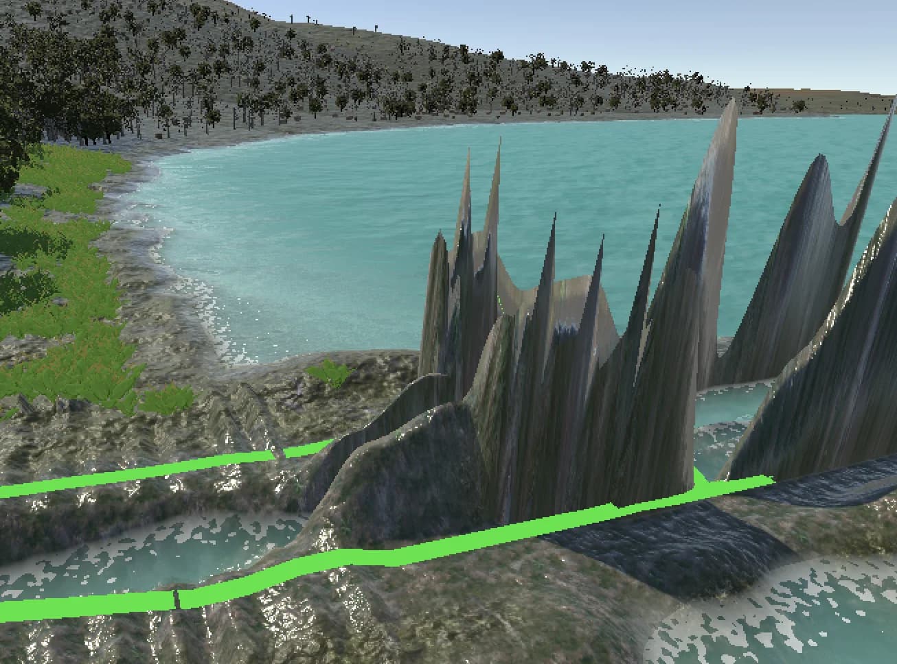 A closer Unity prototype view where a river channel meets the lake: jagged, spike-shaped terrain artifacts rise along the shore, and green debug lines trace paths across rough ground.