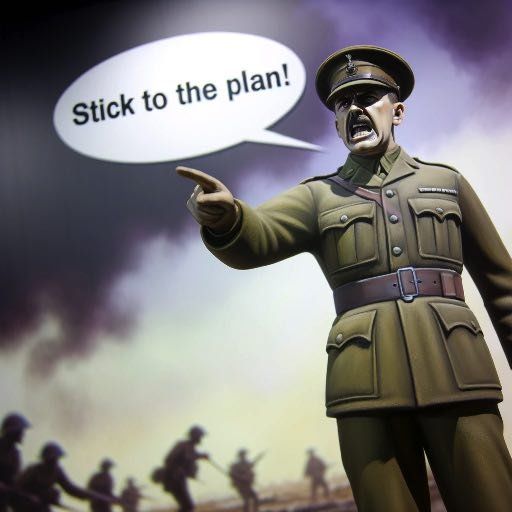 GPT image of a military officer pointing at the viewer with a speech bubble saying “Stick to the plan!”.