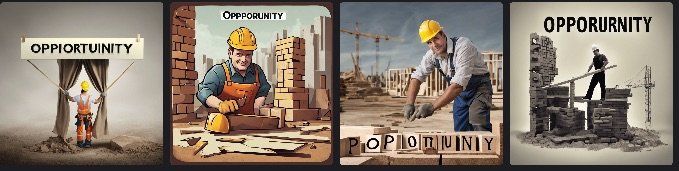 Four DreamStudio attempts at an engineer constructing the word “opportunity”, with spelling errors.