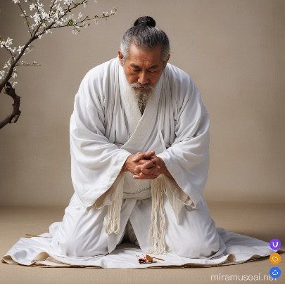 Muse AI image of a man kneeling and bowing with his hands together.
