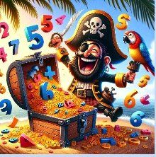 GPT image of a pirate with a treasure chest surrounded by colourful numbers.