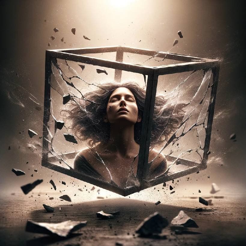 GPT image of a woman emerging from a broken box in response to the thinking outside the box prompt.
