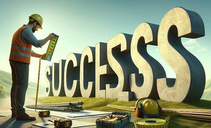 GPT image of an engineer measuring large letters intended to spell “success”, with a spelling error.