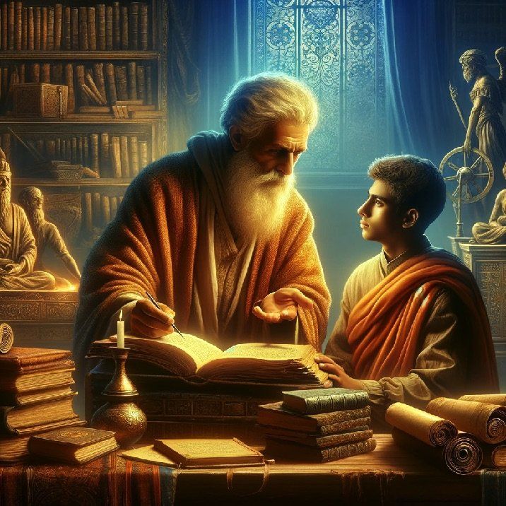 An AI-generated sage teaching a student by candlelight.