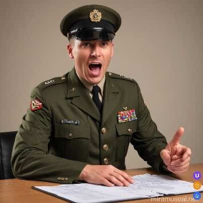 Third Muse AI comparison image: a military officer shouting and gesturing across a desk.