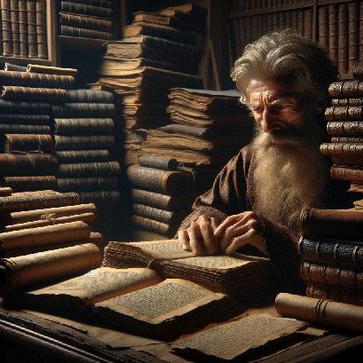An AI-generated sage studying a book in a library.