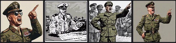 Four DreamStudio variations of a military officer attempting the requested pointing gesture.
