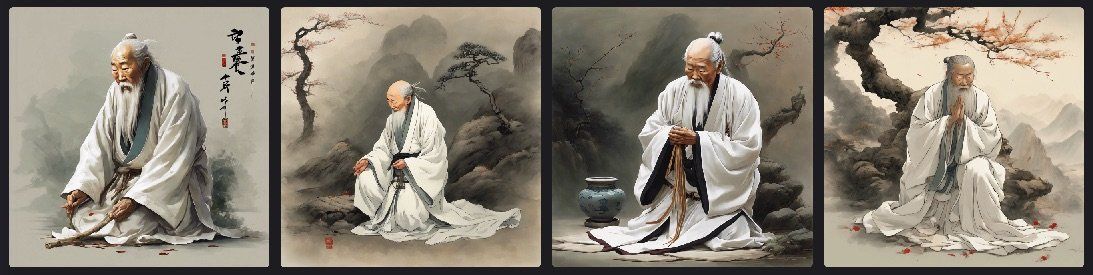 Four DreamStudio images of a sage attempting a bow or gesture of thanks.