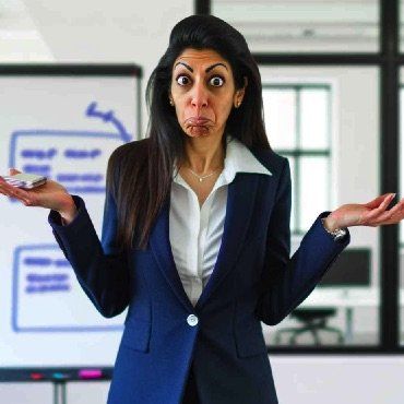 GPT image of a woman shrugging with raised hands and a questioning expression.