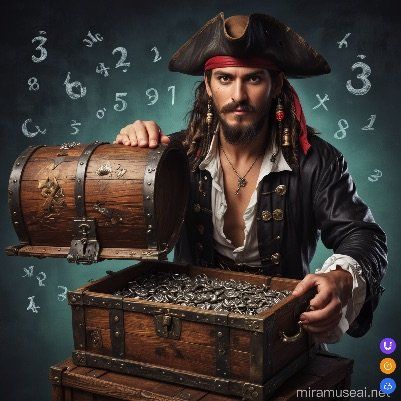 Muse AI image of a pirate behind a treasure chest with floating numbers.