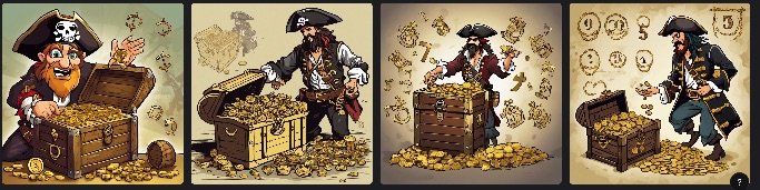 Four DreamStudio images responding to the pirate, treasure chest and numbers prompt.